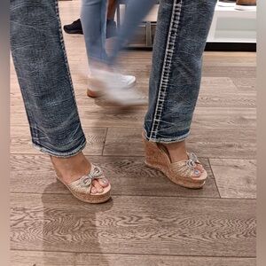 Aldo Beige Wedge Sandals with Glitter Bow